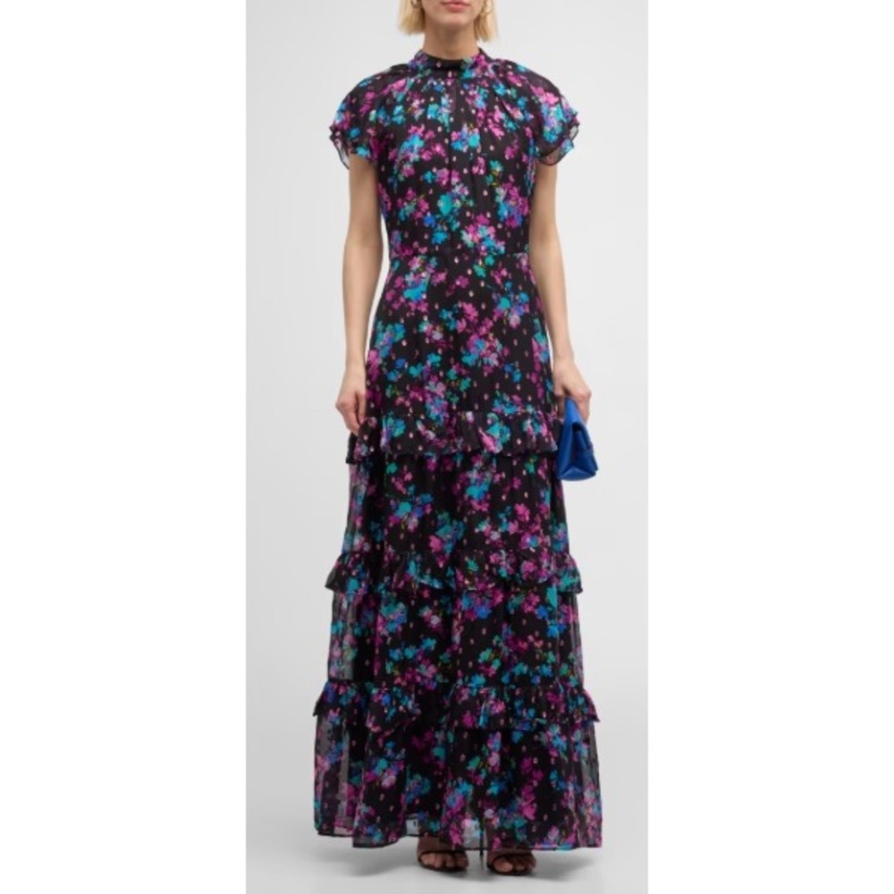 Shoshanna Midnight Loretta Floral Metallic Tiered Maxi Dress Black Pink Size 12